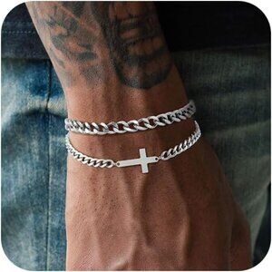 2Pcs Mens Silver Bracelet w/Cross Pearl Sturdy Stainless Steel Rope Cuban Link